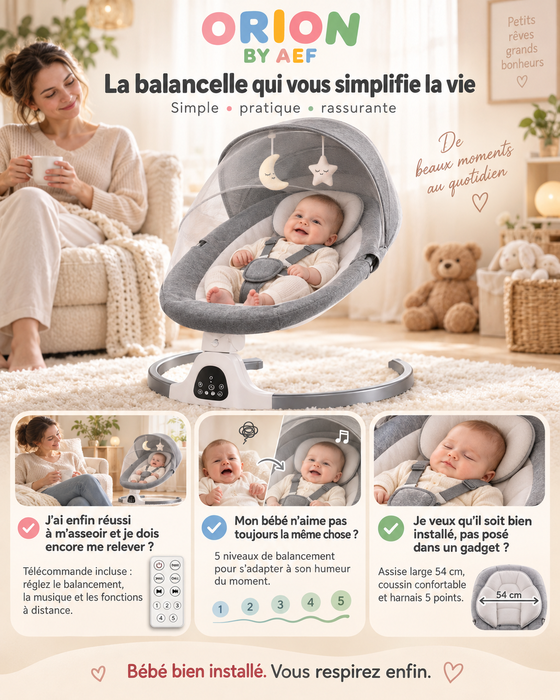 Balancelle électrique bébé avec télécommande et assise enveloppante