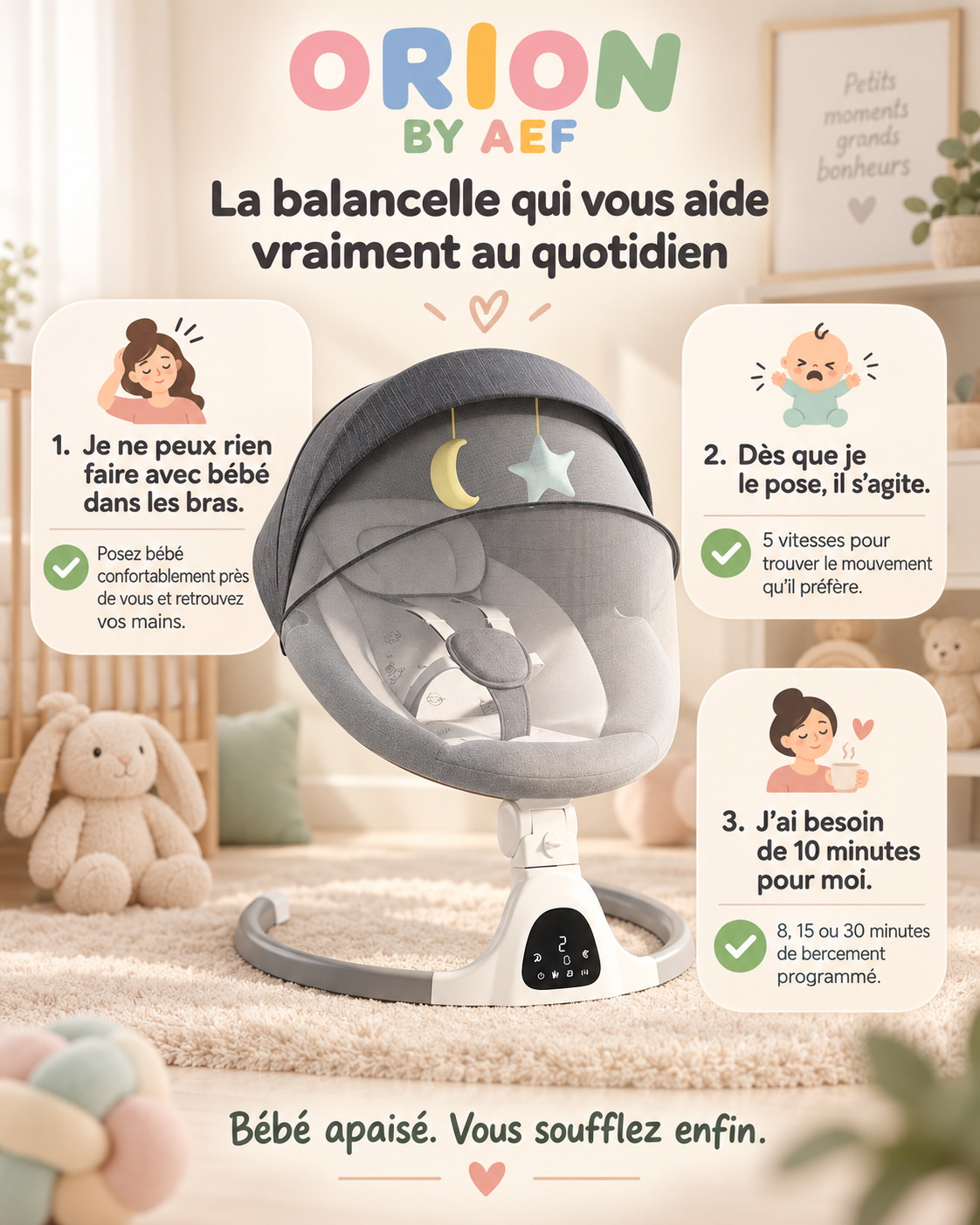 Balancelle électrique bébé avec télécommande et assise enveloppante