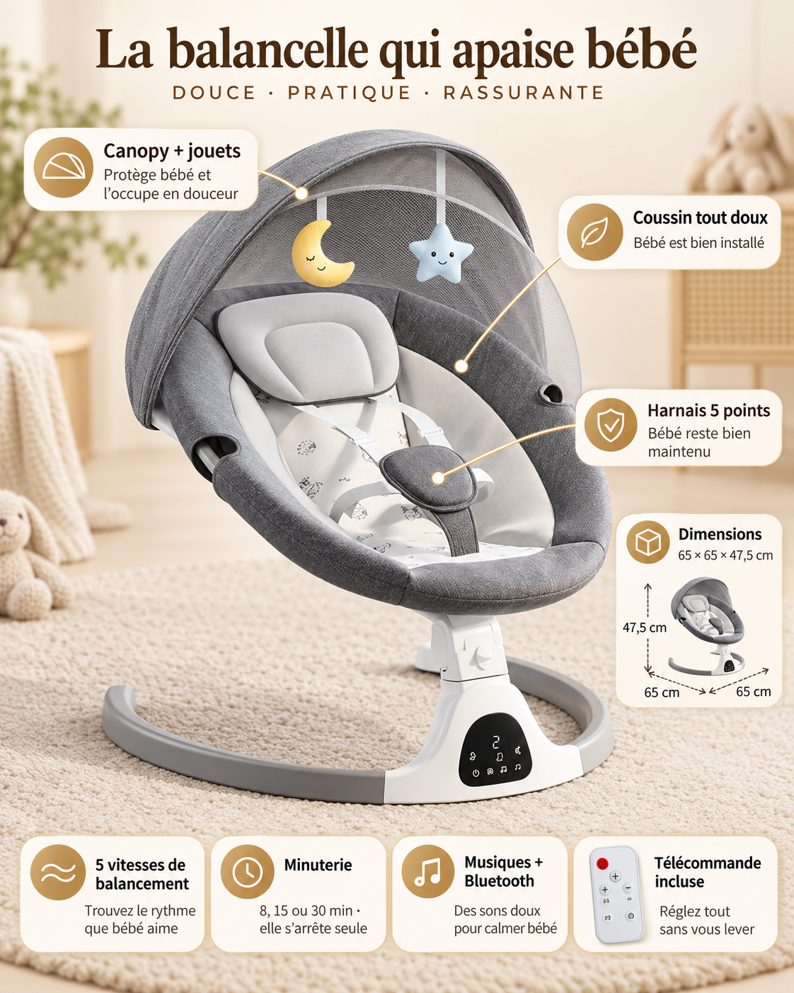 Balancelle électrique bébé avec télécommande et assise enveloppante