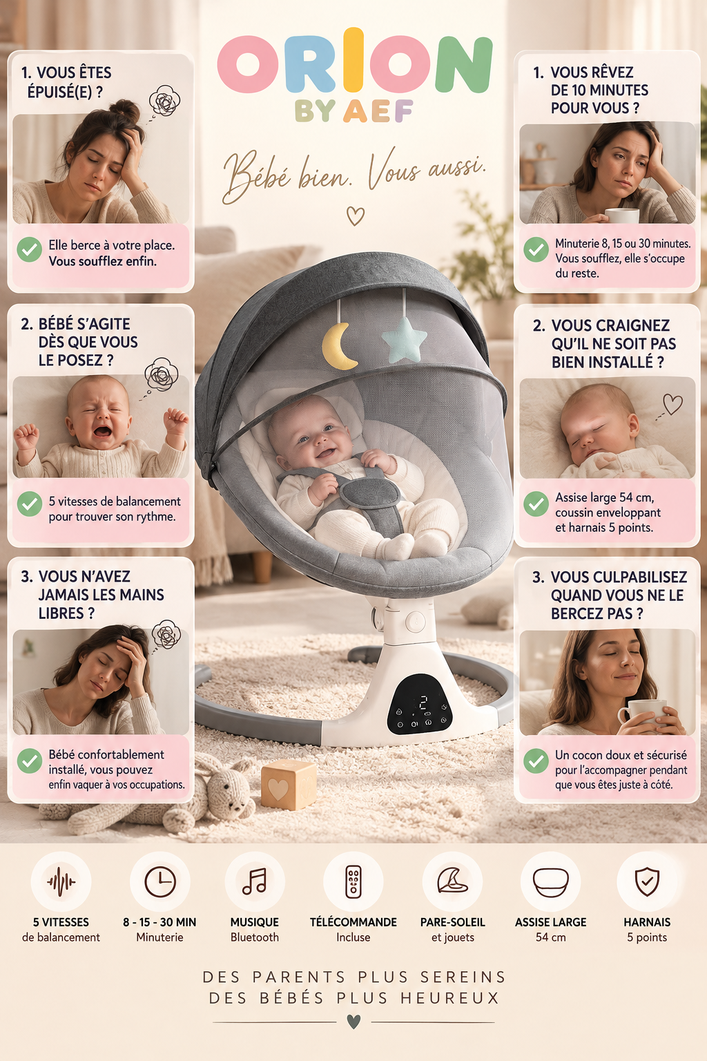 Balancelle électrique bébé avec télécommande et assise enveloppante