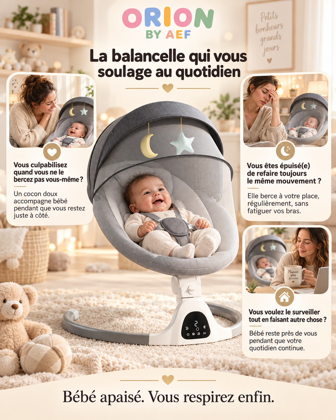 Balancelle électrique bébé avec télécommande et assise enveloppante