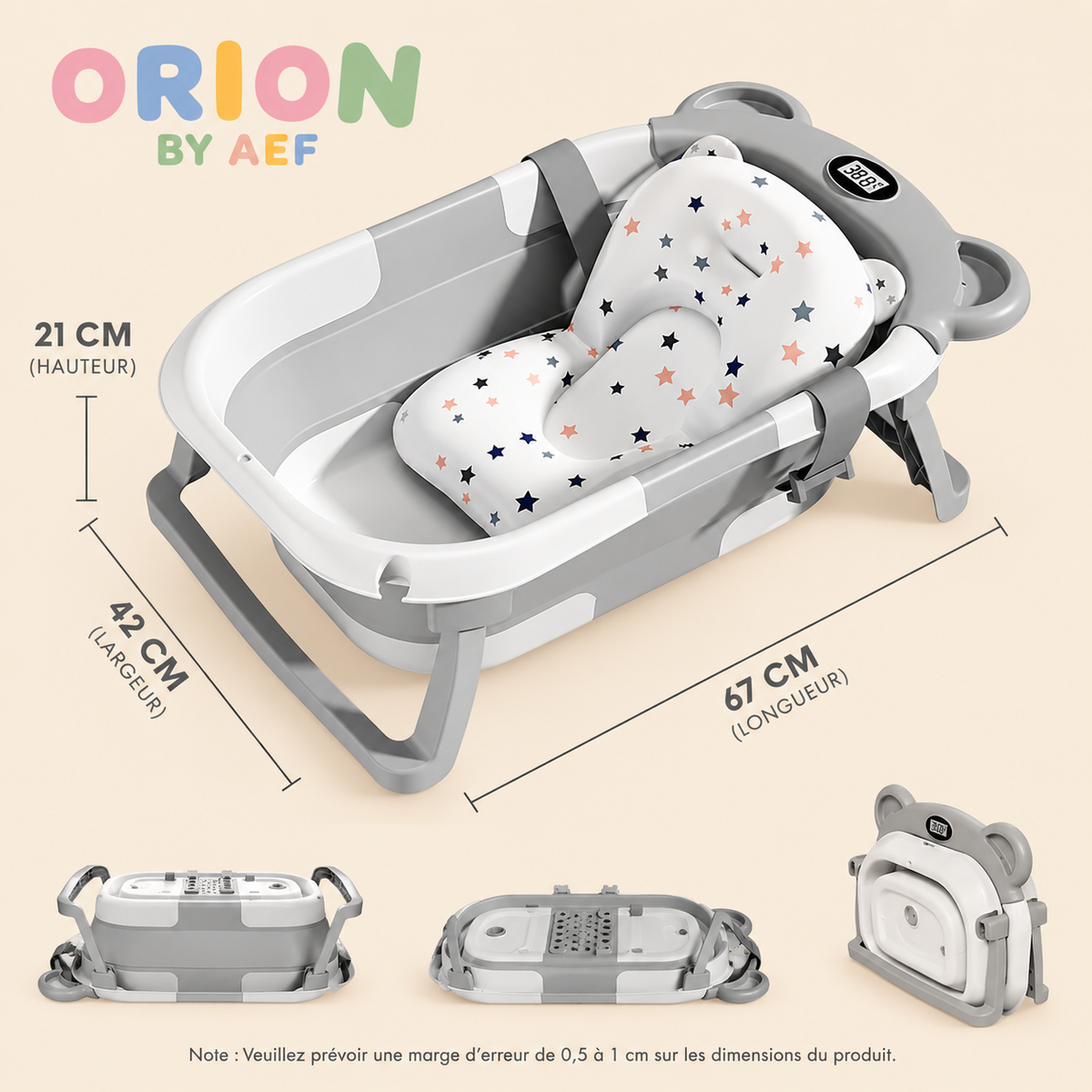 Baignoire bébé pliable avec thermomètre intégré et coussin de bain