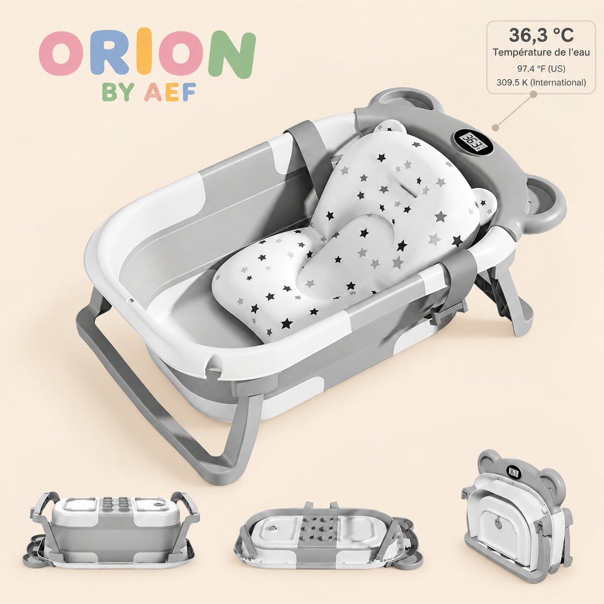 Baignoire bébé pliable avec thermomètre intégré et coussin de bain