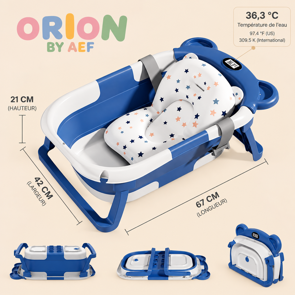 Baignoire bébé pliable avec thermomètre intégré et coussin de bain