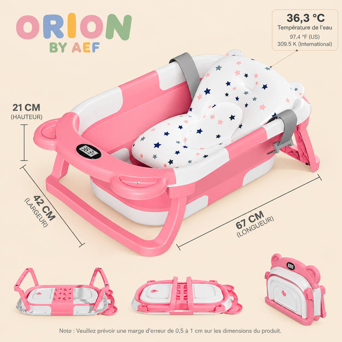 Baignoire bébé pliable avec thermomètre intégré et coussin de bain
