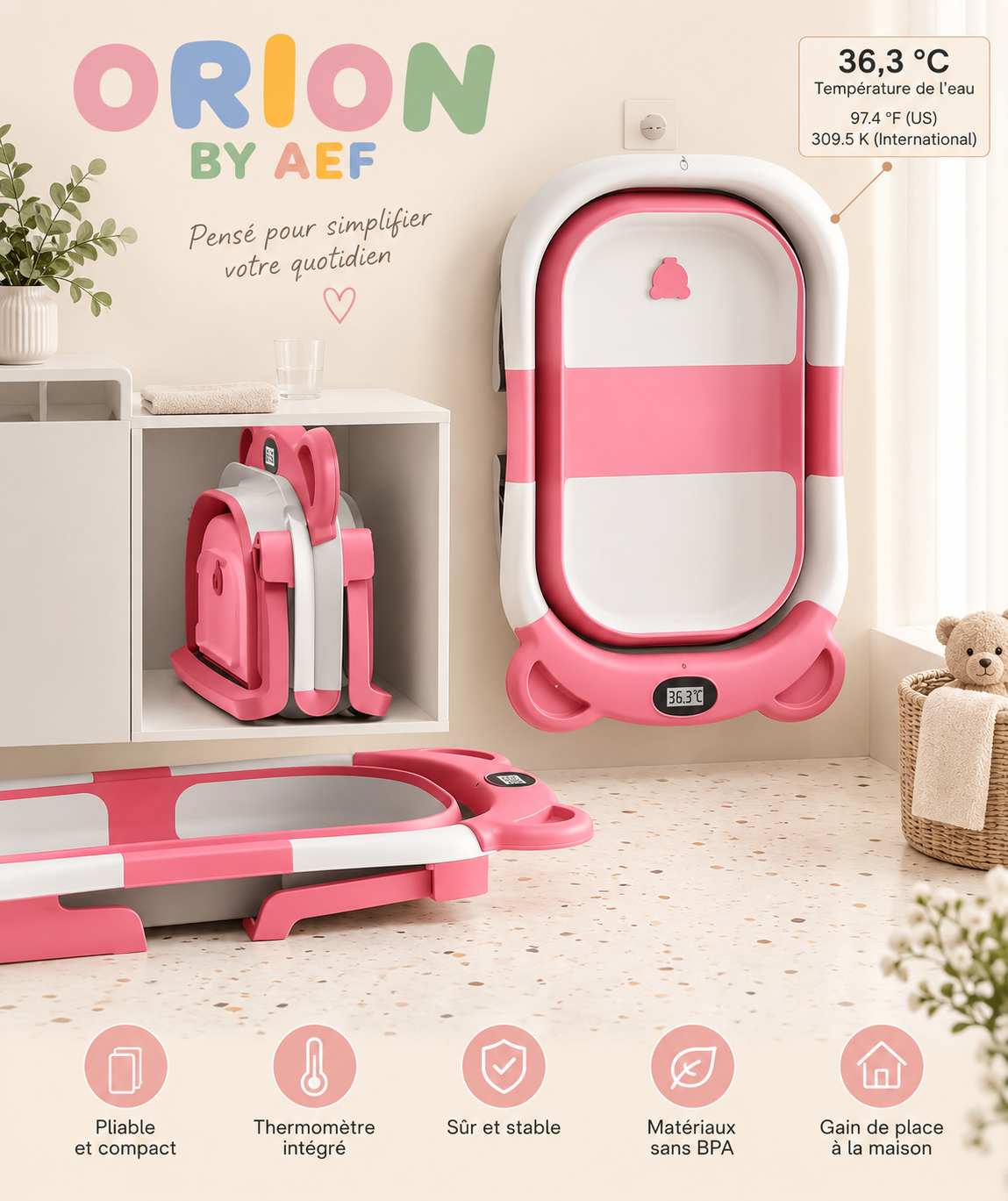 Baignoire bébé pliable avec thermomètre intégré et coussin de bain