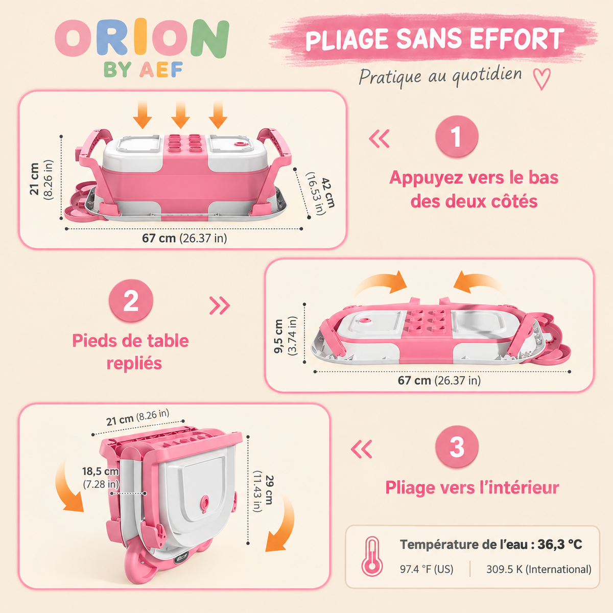 Baignoire bébé pliable avec thermomètre intégré et coussin de bain
