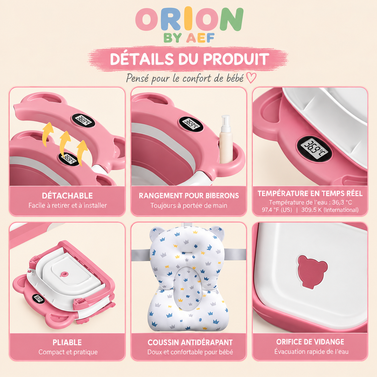 Baignoire bébé pliable avec thermomètre intégré et coussin de bain