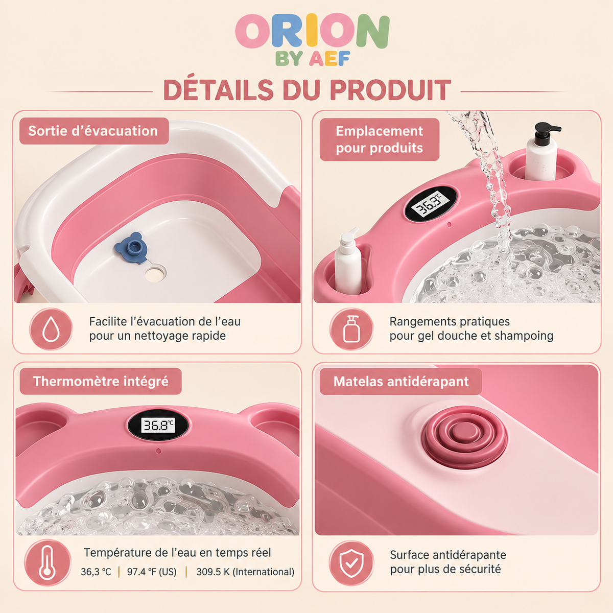 Baignoire bébé pliable avec thermomètre intégré et coussin de bain