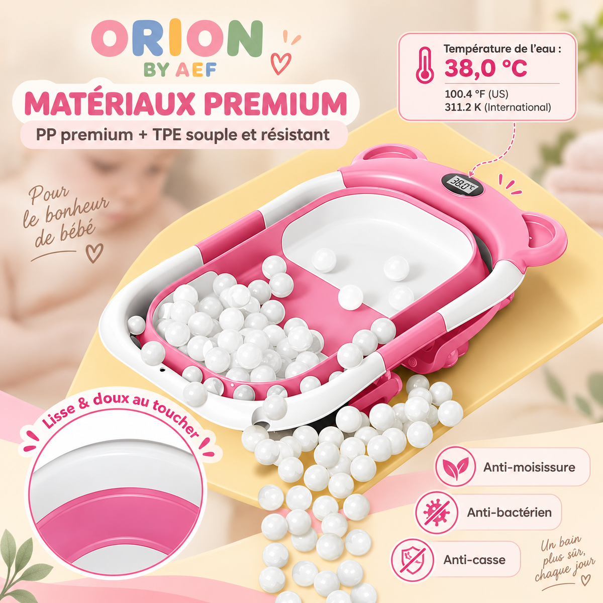 Baignoire bébé pliable avec thermomètre intégré et coussin de bain