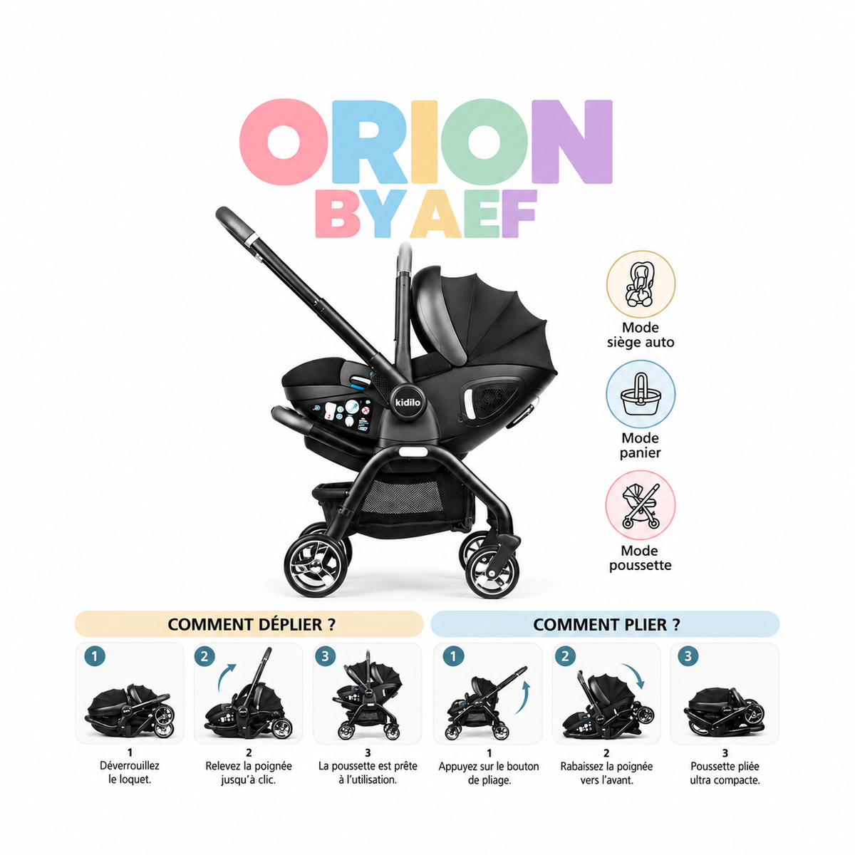 Poussette bébé 3-en-1 premium pliable avec nacelle et siège auto