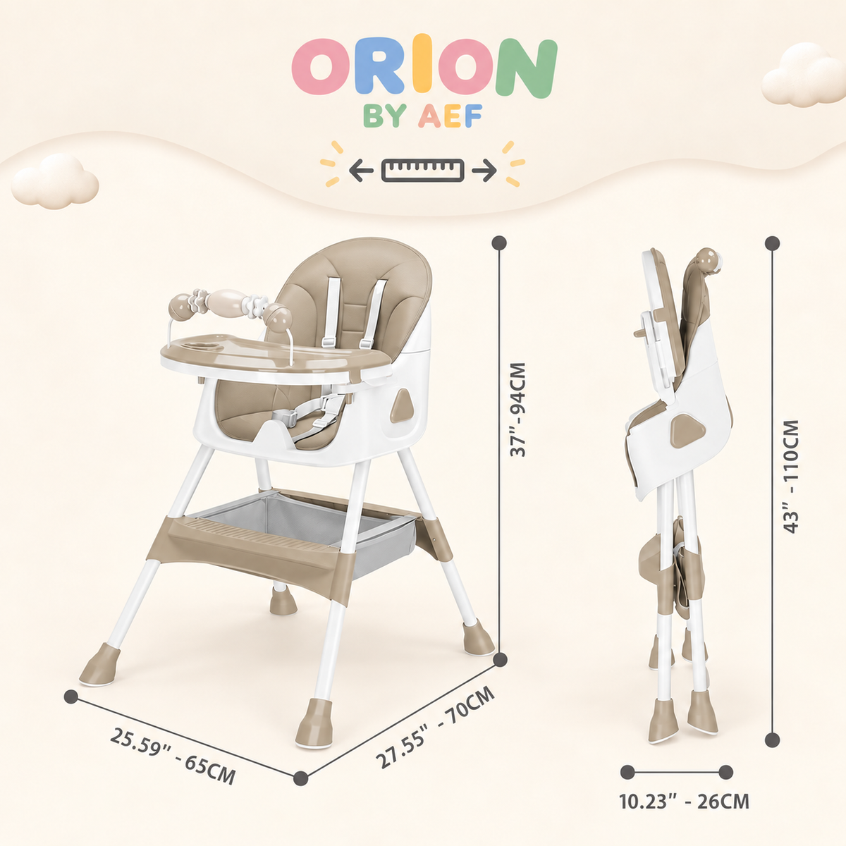 Chaise haute bébé évolutive pliable beige Vanille Sable ORION BY AEF avec plateau réglable, harnais sécurisé et panier de rangement