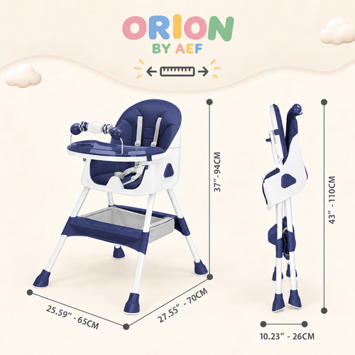 Chaise haute bébé évolutive pliable bleu marine Bleu Minuit ORION BY AEF avec harnais 5 points, plateau ajustable et format compact