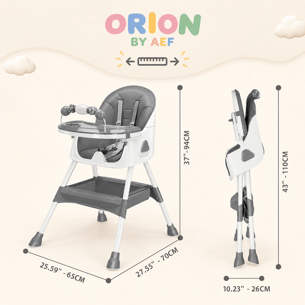 Chaise haute bébé évolutive pliable gris Perle Graphite ORION BY AEF avec harnais 5 points, plateau réglable et rangement