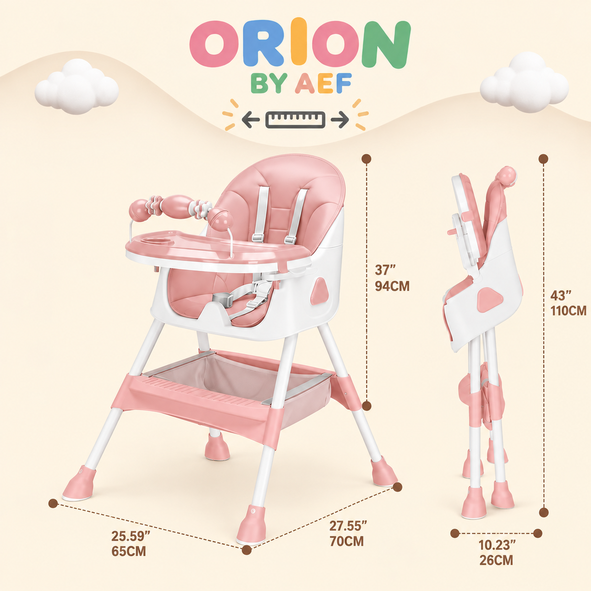 Chaise haute bébé évolutive pliable rose poudré ORION BY AEF avec plateau réglable, harnais 5 points et rangement inférieur
