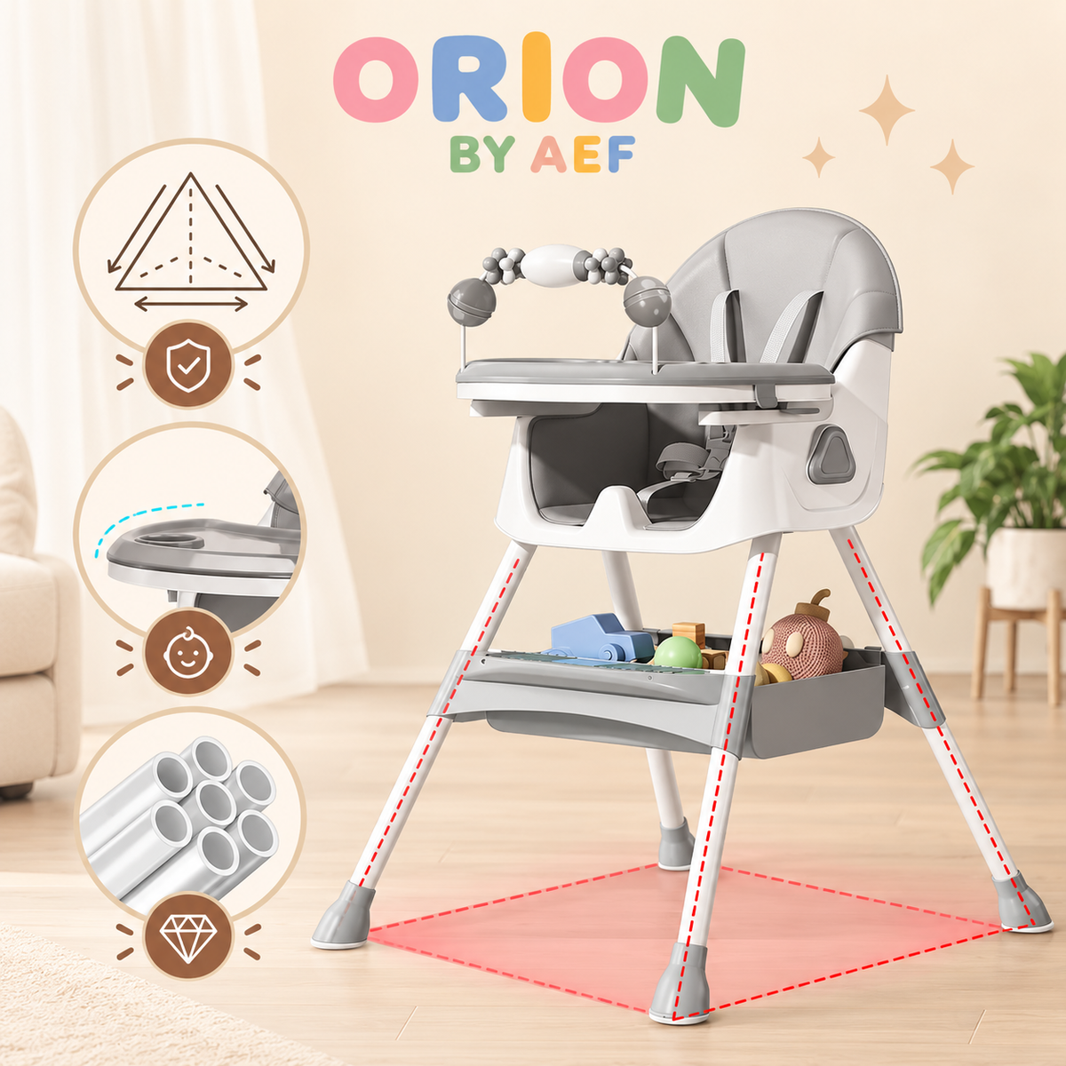 Chaise haute bébé stable rose poudré ORION BY AEF avec structure tubulaire renforcée et pieds antidérapants