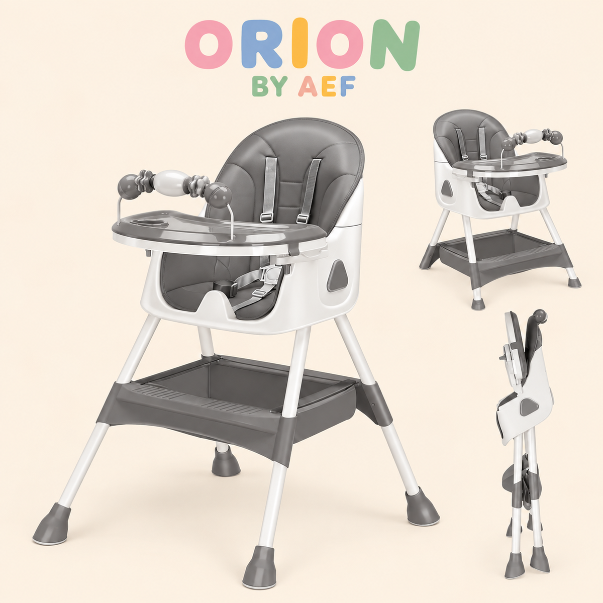 Dimensions chaise haute bébé pliable rose poudré ORION BY AEF ouverte et pliée