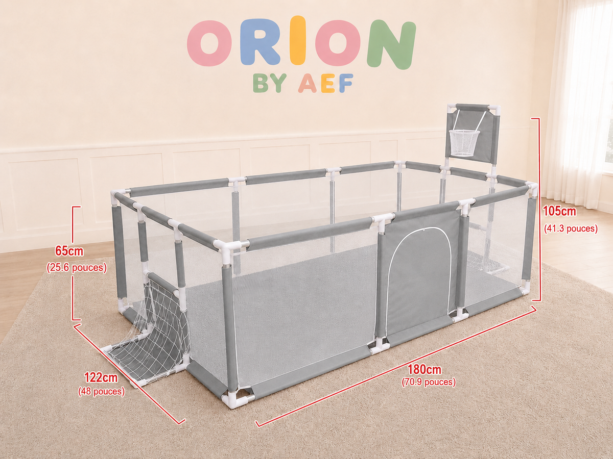 Parc bébé XXXL gris ORION BY AEF 180 x 122 cm avec panier de basket, mini but de foot, filet sécurisé et grand espace de jeux