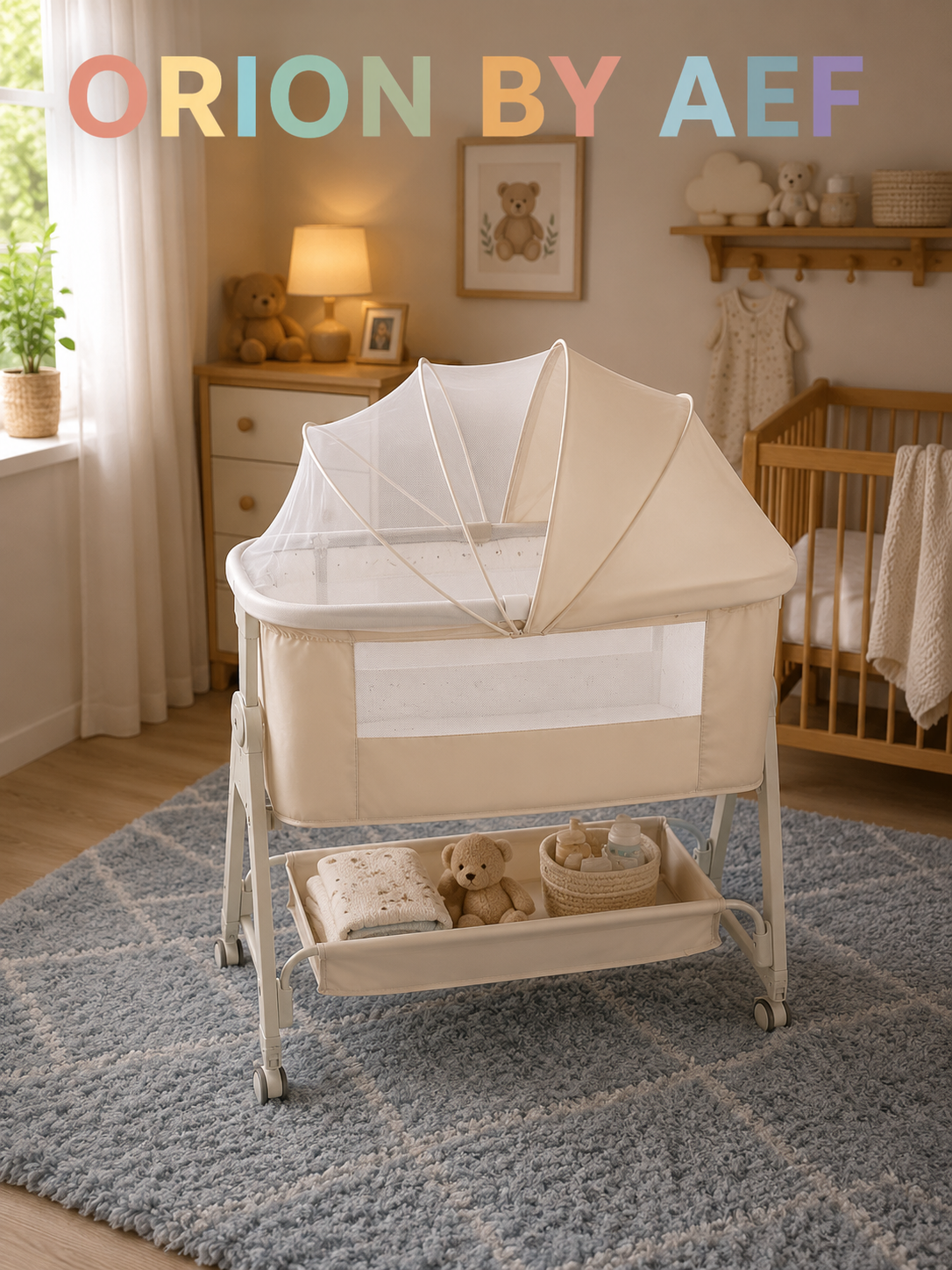 Berceau cododo bébé vanille crème avec moustiquaire, roulettes et rangement ORION BY AEF