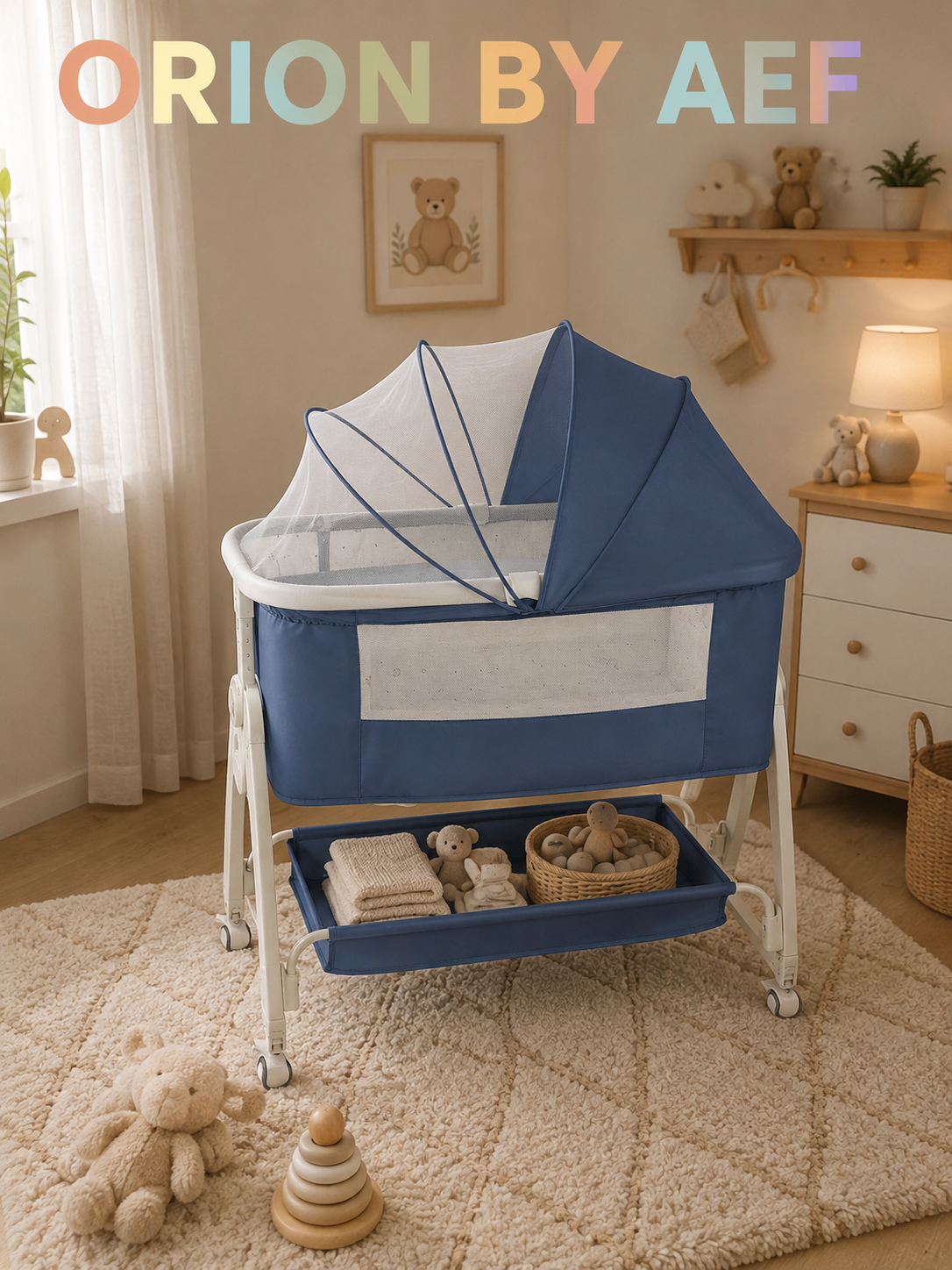 Berceau cododo bébé bleu avec moustiquaire, roulettes et rangement ORION BY AEF
