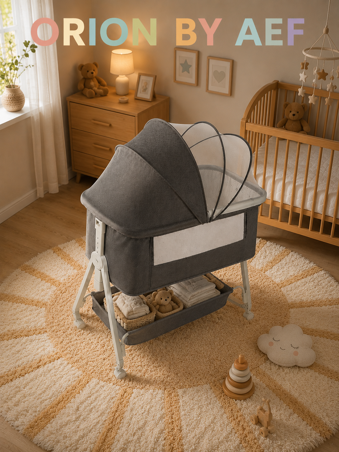 Lit cododo bébé gris avec moustiquaire, roulettes et panier de rangement ORION BY AEF