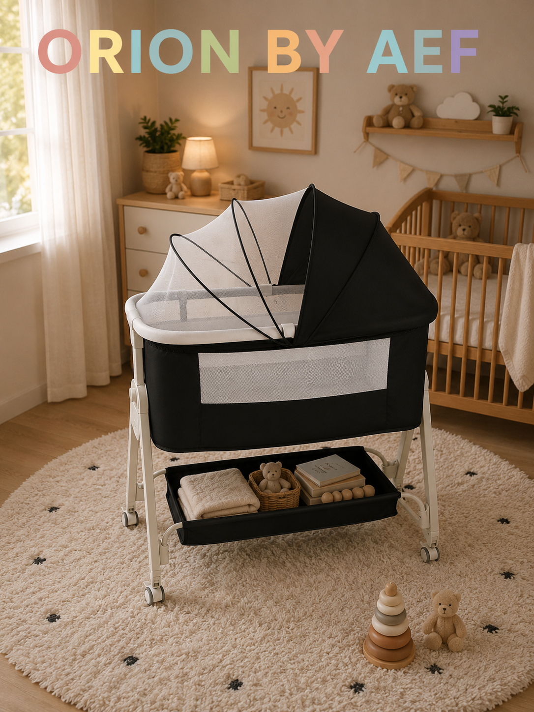 Berceau cododo bébé noir avec moustiquaire, roulettes et rangement ORION BY AEF