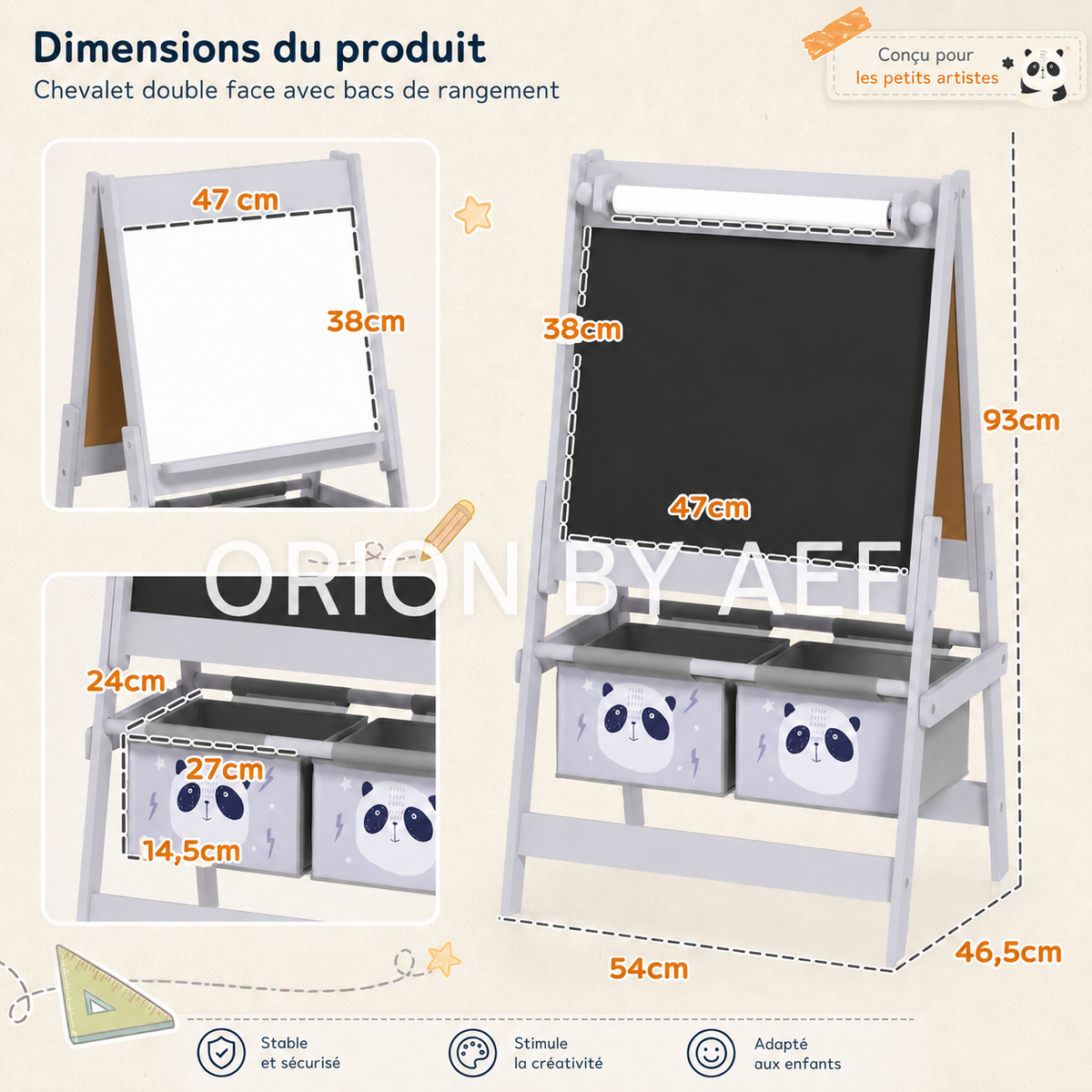 Infographie dimensions du chevalet 2 en 1 Orion by AEF gris motif panda — tableau blanc et ardoise 47x38cm, bacs de rangement 27x14,5x24cm, hauteur totale 93cm, base 54x46,5cm