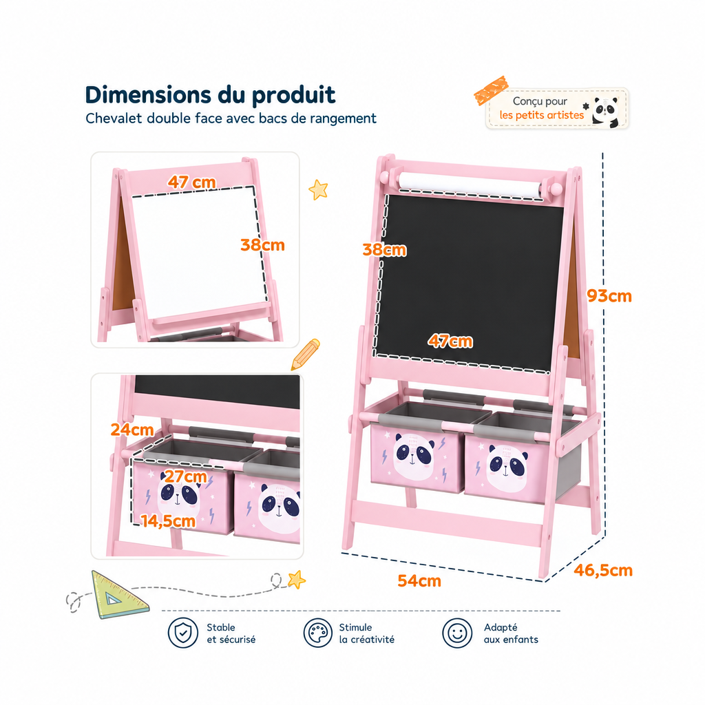 Infographie dimensions du chevalet 2 en 1 Orion by AEF gris motif panda — tableau blanc et ardoise 47x38cm, bacs de rangement 27x14,5x24cm, hauteur totale 93cm, base 54x46,5cm