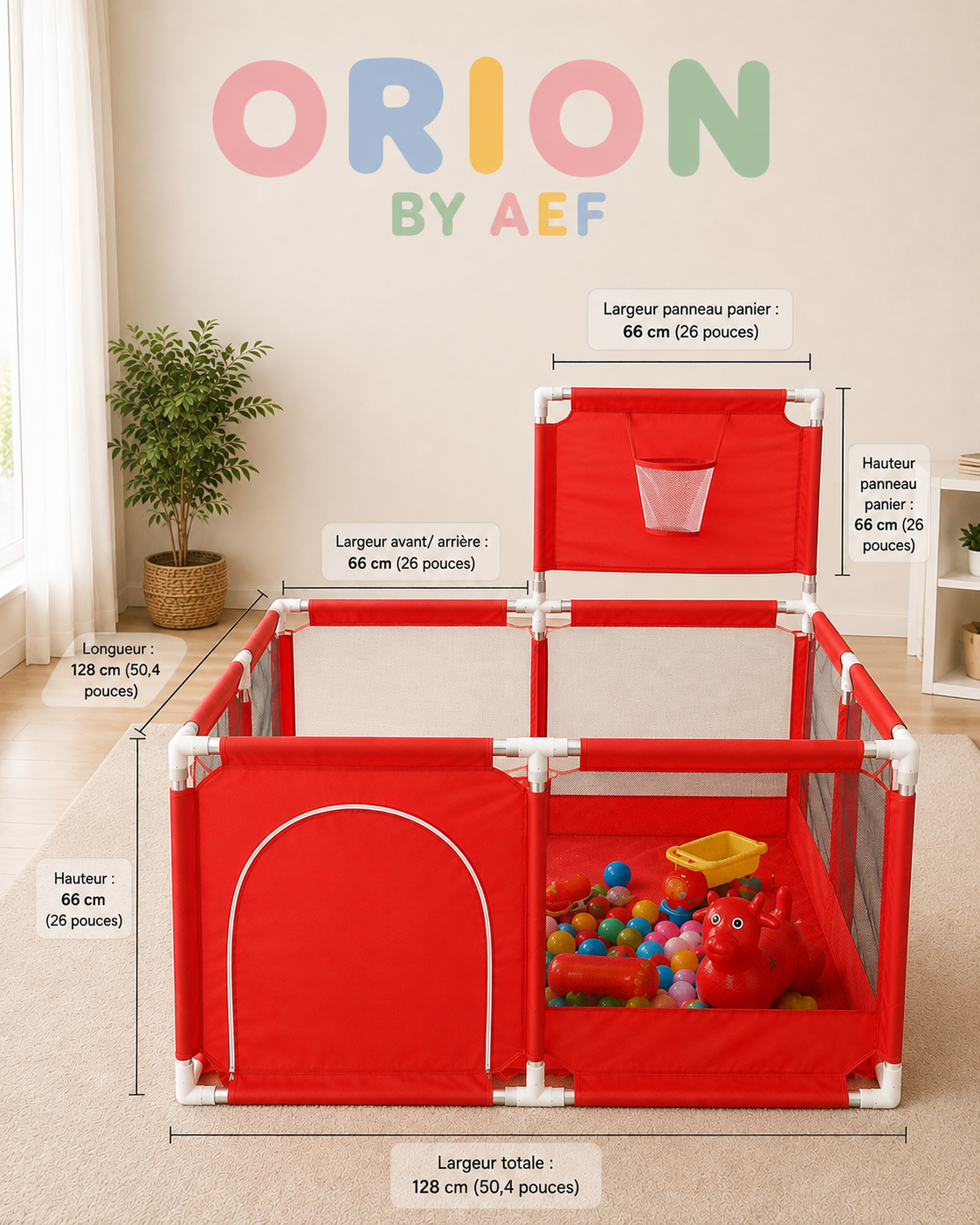 Parc bébé rouge carré ORION BY AEF avec panier de basket, filet respirant et grand espace de jeu sécurisé pour bébé et jeune enfant