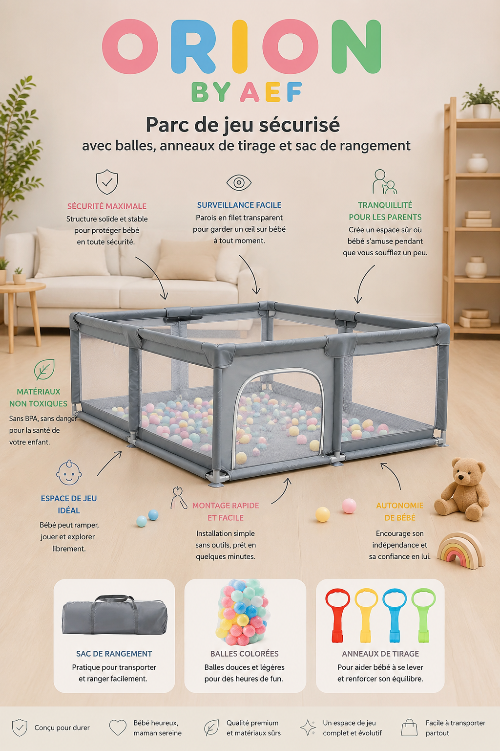 Parc bébé, enfant, gris ORION BY AEF avec filet respirant et grand espace de jeu sécurisé pour bébé et jeune enfant