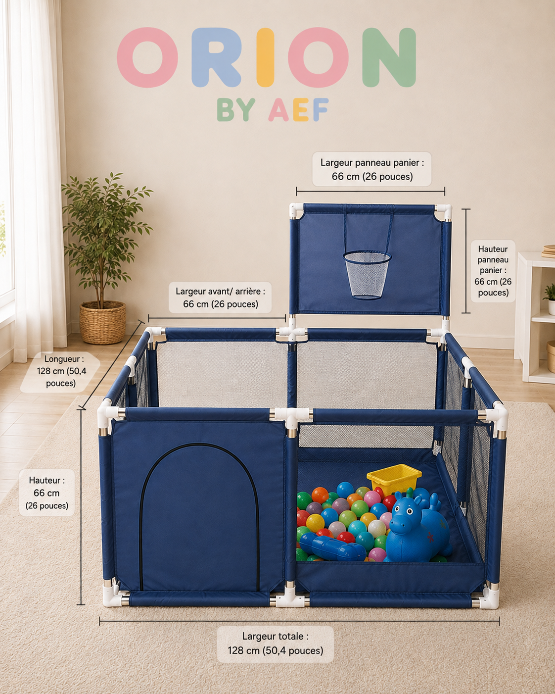 Parc bébé bleu carré ORION BY AEF avec filet respirant, espace de jeu sécurisé et panier de basket pour jouer en intérieur et extérieur