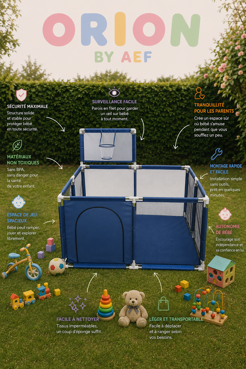 Parc bébé bleu ORION BY AEF avec filet respirant, espace de jeu sécurisé et panier de basket pour jouer en intérieur et extérieur