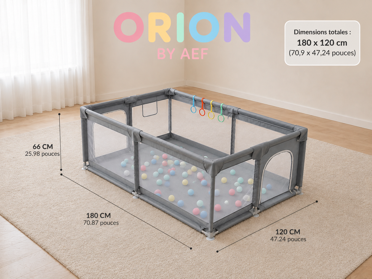 Parc bébé XXL gris 180 x 120 cm ORION BY AEF, aire de jeux sécurisée avec filet respirant, entrée zippée et espace d’éveil