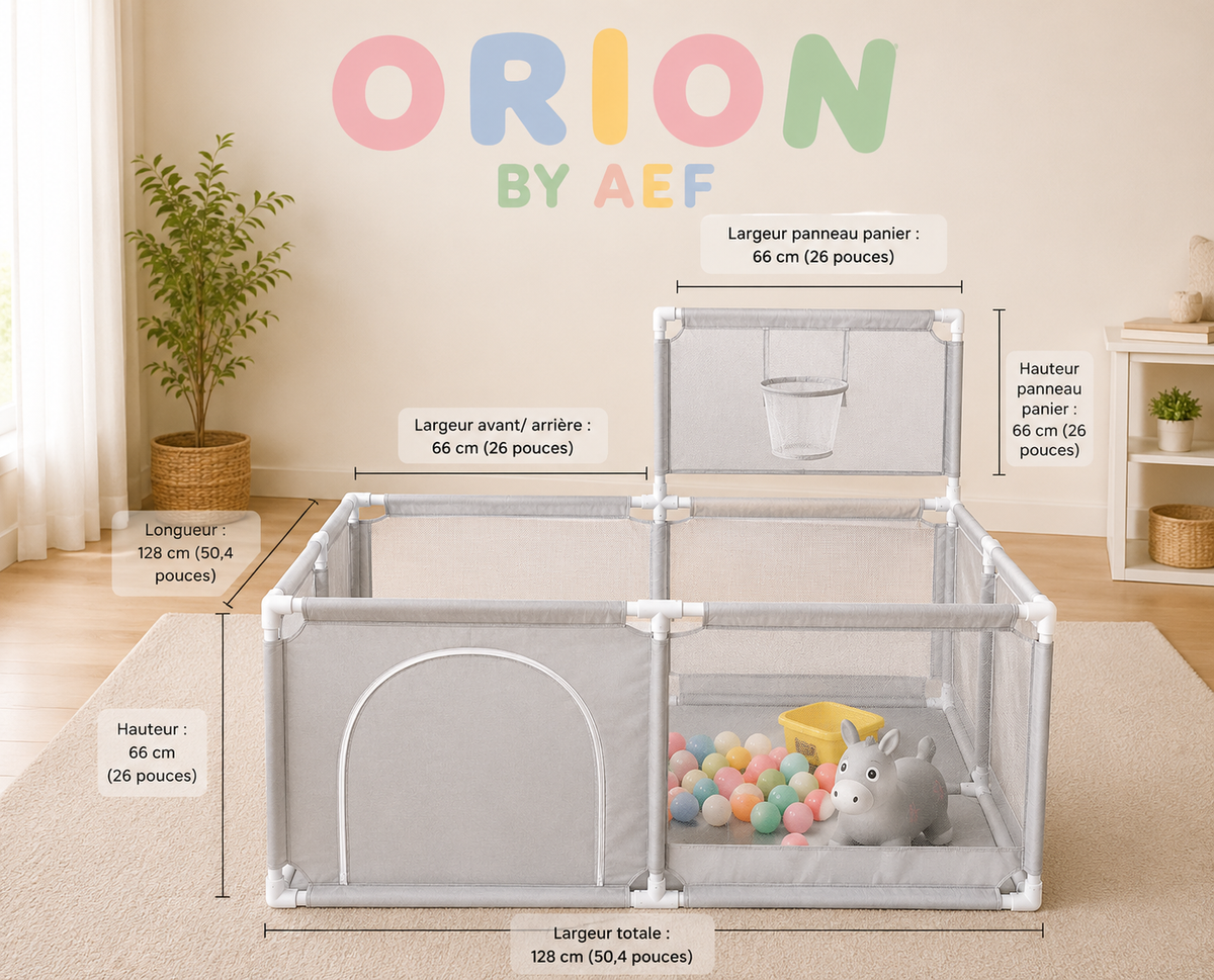 Parc bébé gris carré ORION BY AEF avec filet respirant, espace de jeu sécurisé et panier de basket pour bébé et jeune enfant
