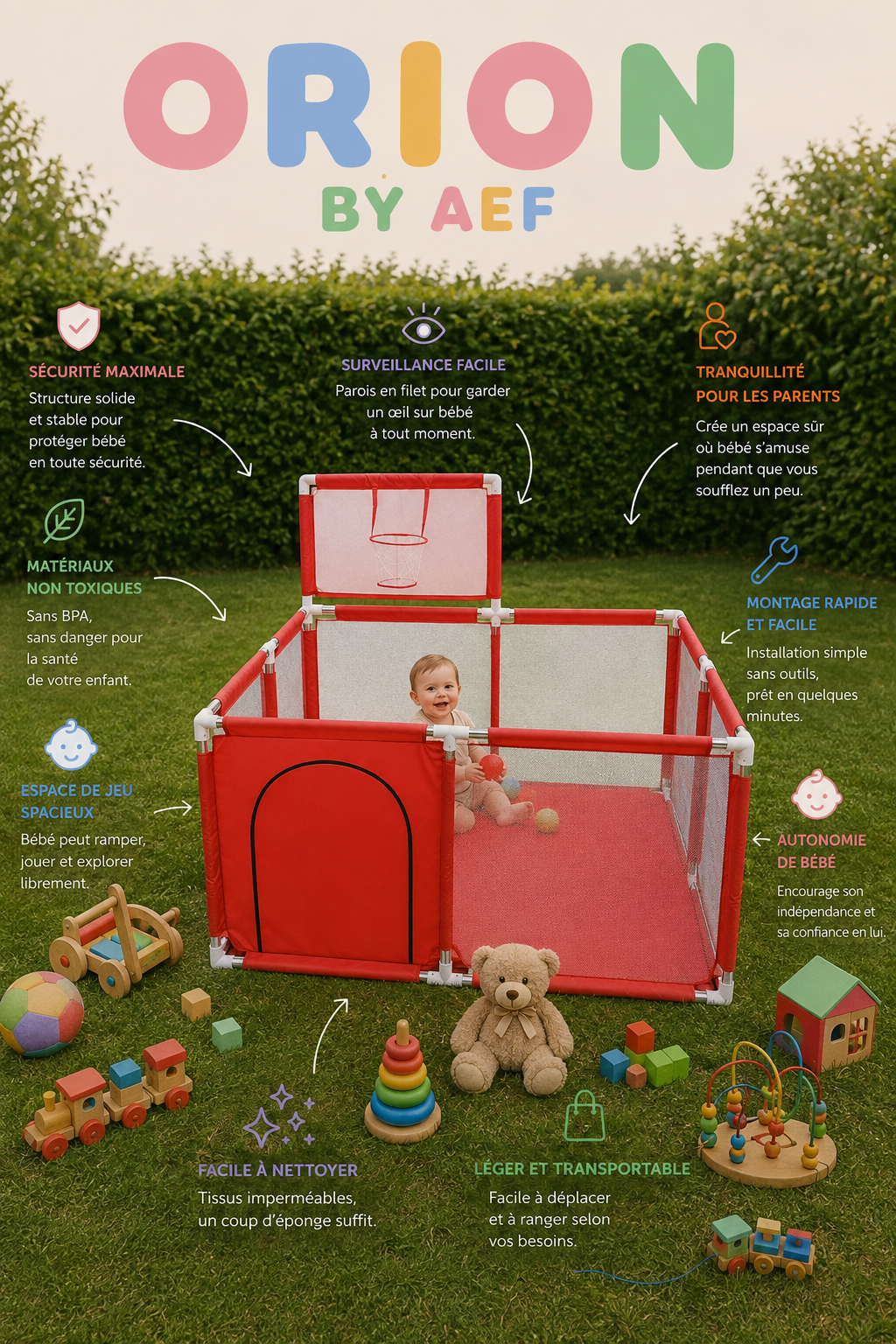 Parc bébé rouge ORION BY AEF avec panier de basket, filet respirant et grand espace de jeu sécurisé pour bébé et jeune enfant