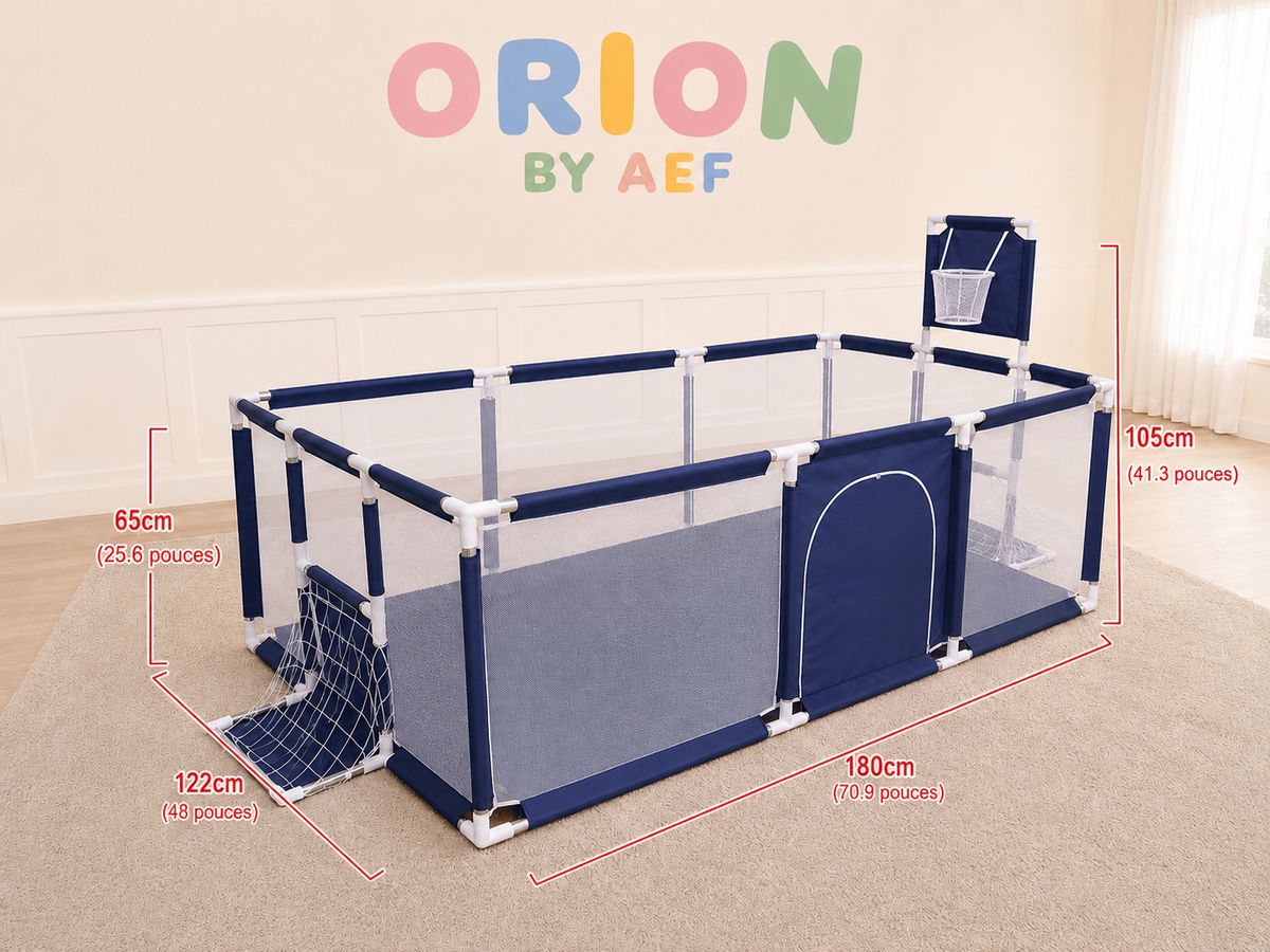 Parc bébé XXXL bleu ORION BY AEF 180 x 122 cm avec panier de basket, mini but de foot, filet sécurisé et grand espace de jeux