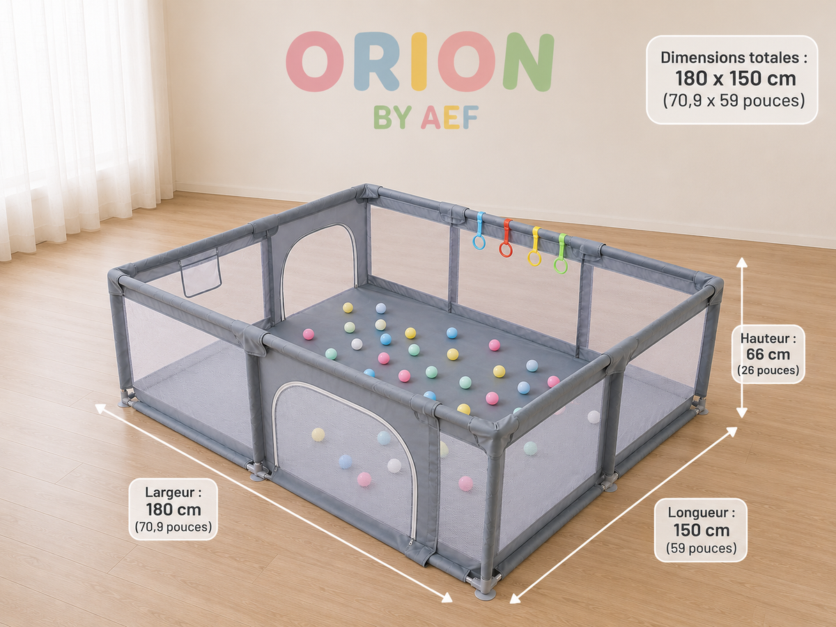 Parc bébé XXL gris 180 x 150 cm ORION BY AEF, aire de jeux sécurisée avec filet respirant, entrée zippée et espace d’éveil