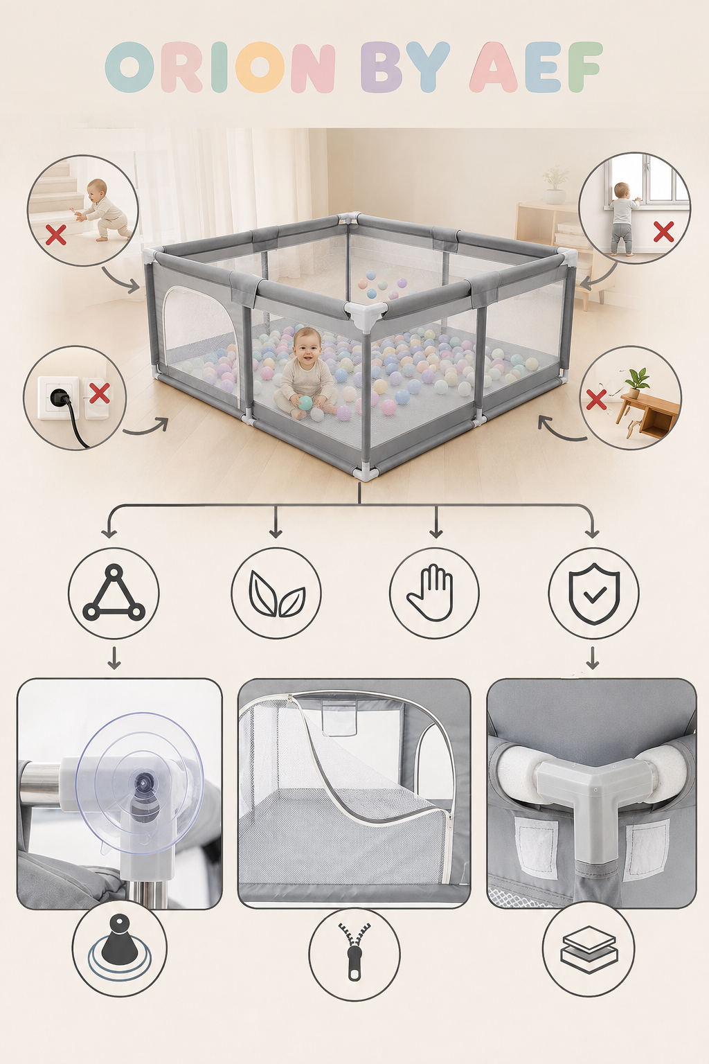 Parc bébé XXL sécurisé ORION BY AEF avec structure renforcée, parois en maille respirante, porte zippée, protections rembourrées et ventouses antidérapantes