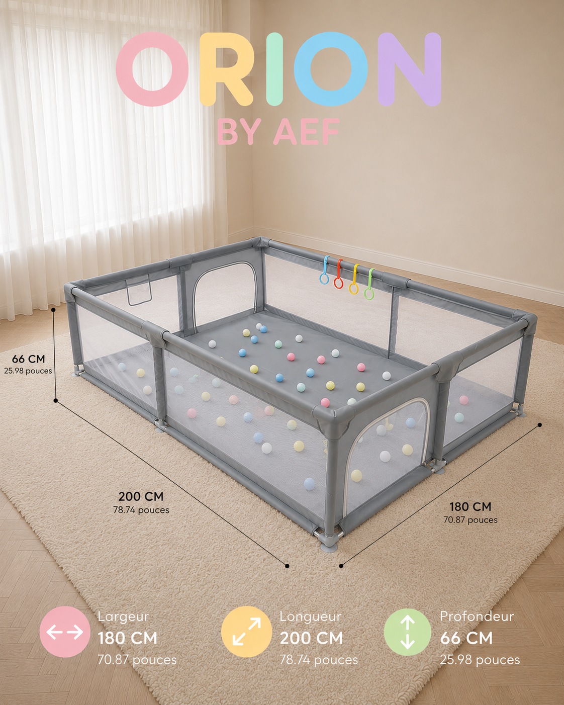 Parc bébé XXL gris 180 x 200 cm ORION BY AEF, aire de jeux sécurisée avec filet respirant, entrée zippée et espace d’éveil
