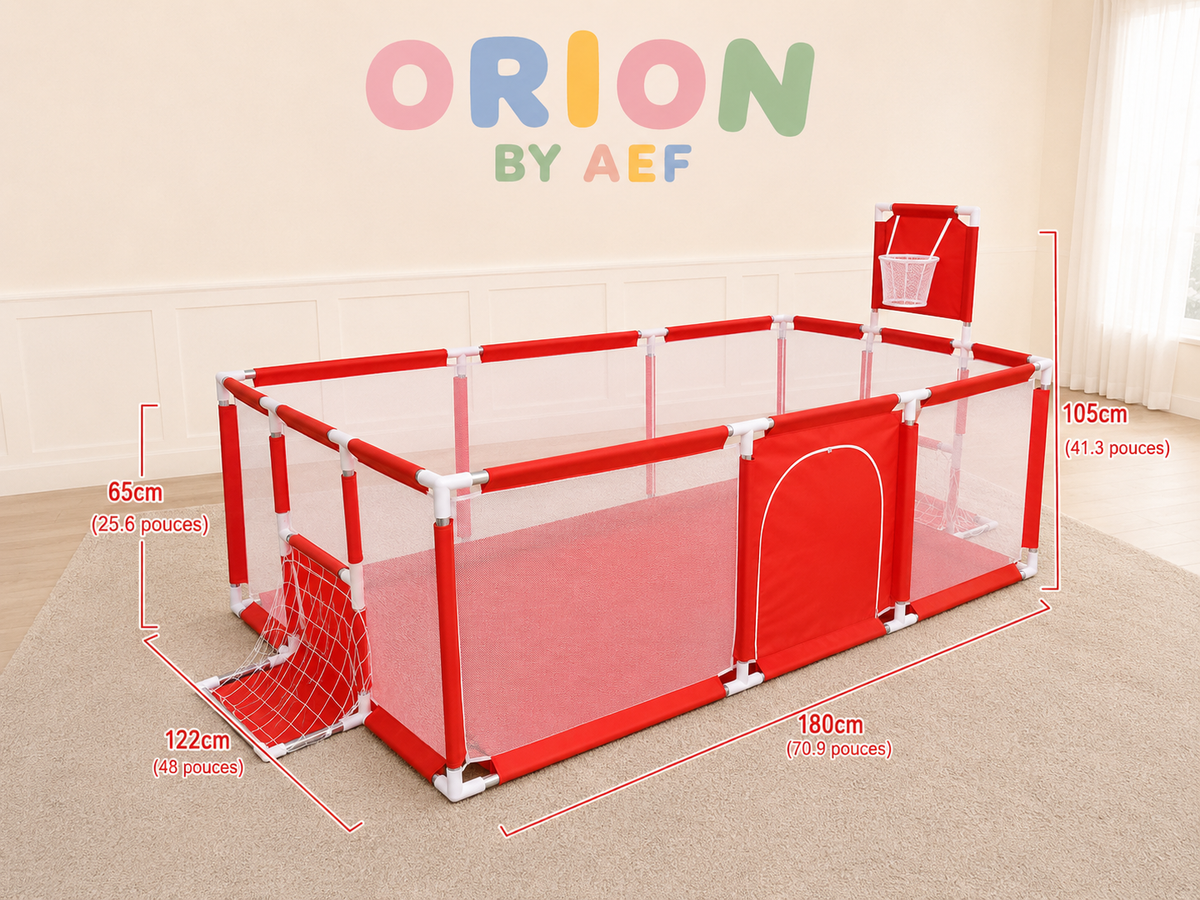 Parc bébé XXXL rouge ORION BY AEF 180 x 122 cm avec panier de basket, mini but de foot, filet sécurisé et grand espace de jeux
