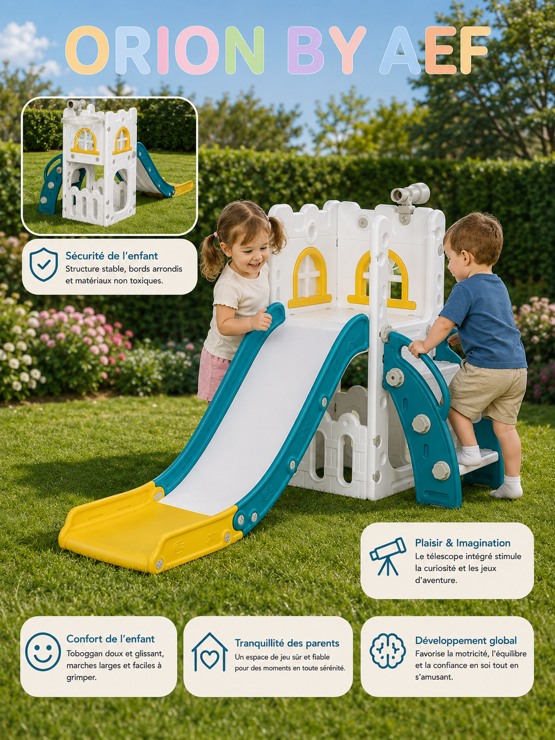 Toboggan enfant extérieur 5 en 1 pour jardin avec escalier, télescope et aire de jeux motricité ORION BY AEF