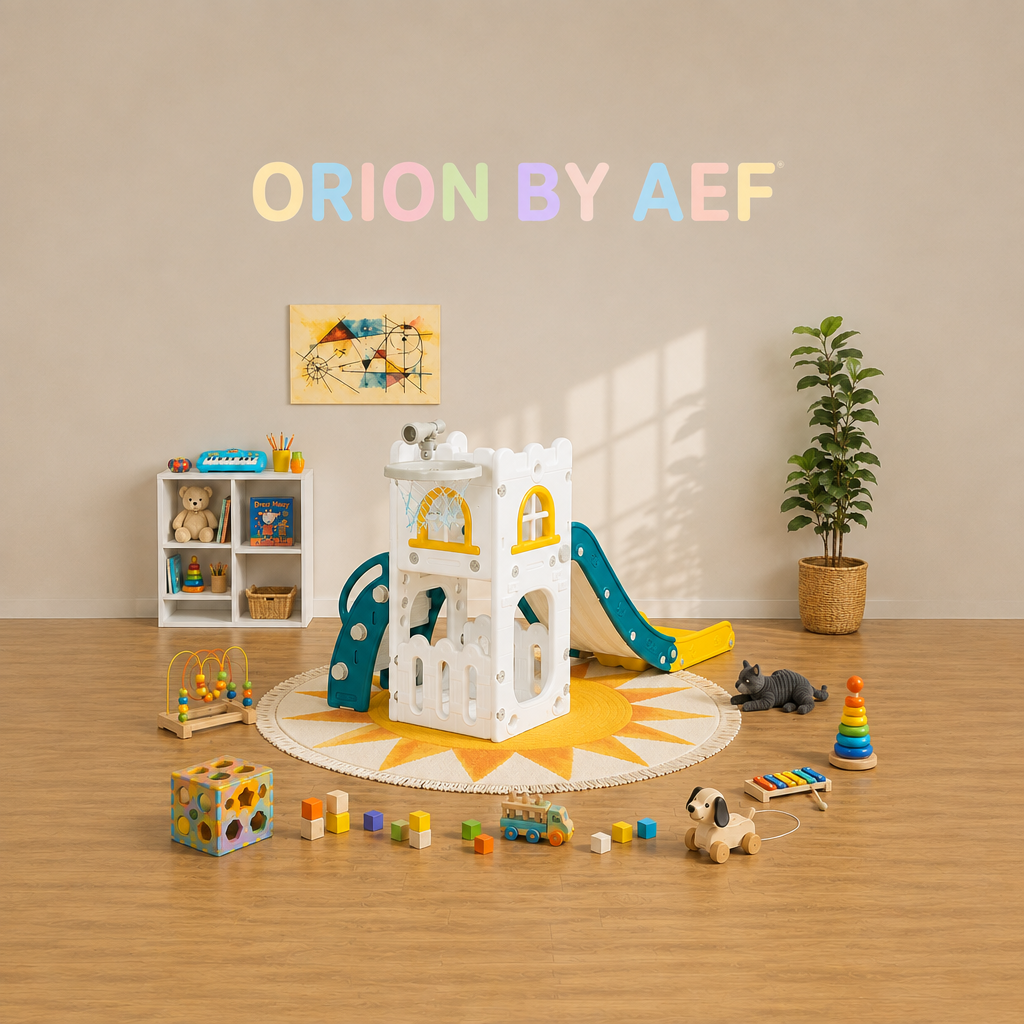 Toboggan enfant intérieur 3 en 1 avec panier de basket, escalier et aire de jeux motricité ORION BY AEF