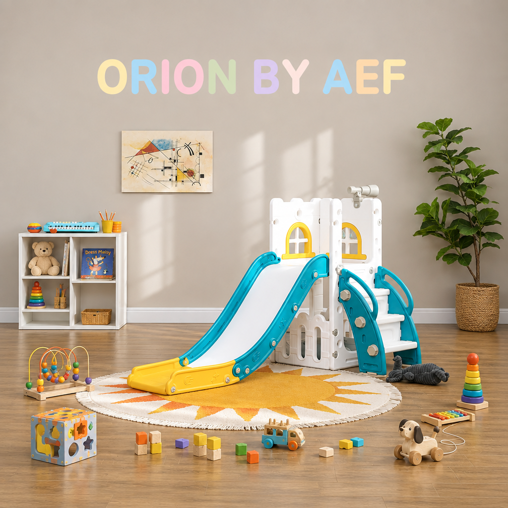 Toboggan enfant intérieur avec escalier et aire de jeux maison, structure de motricité sécurisée ORION BY AEF