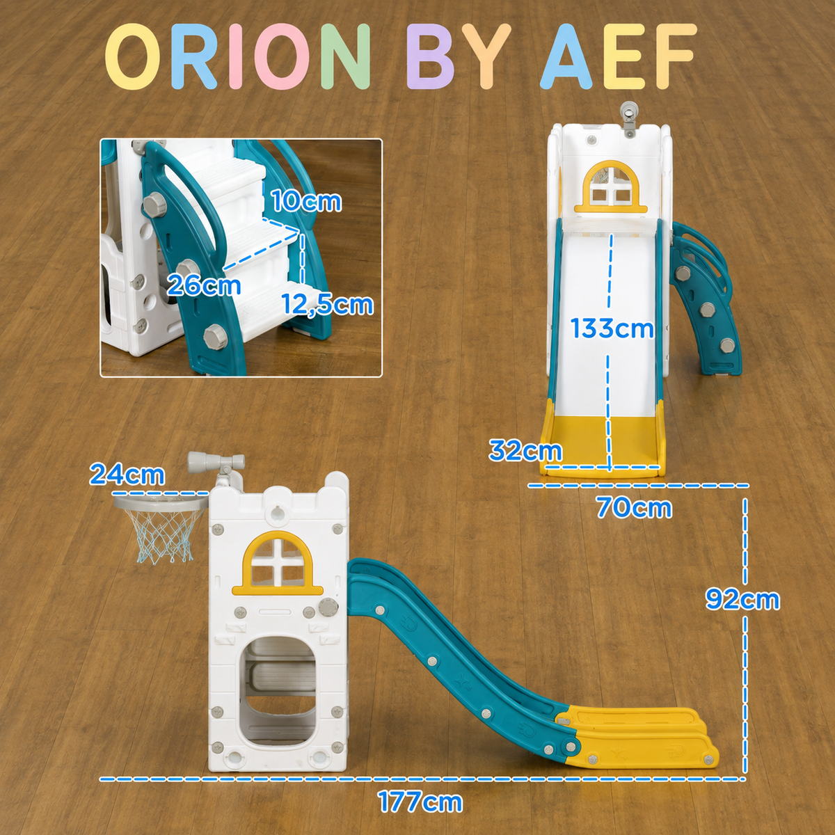 Toboggan enfant intérieur avec escalier et panier de basket, dimensions aire de jeux motricité ORION BY AEF